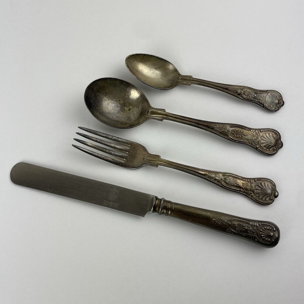 US NAVY Kings Fouled Anchor Dinner Fork Knife Spoons International Silver Set 4